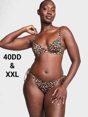 Victoria's Secret Twist Front Bikini & Side Tie Bottoms In Leopard 40DD XXL Set
